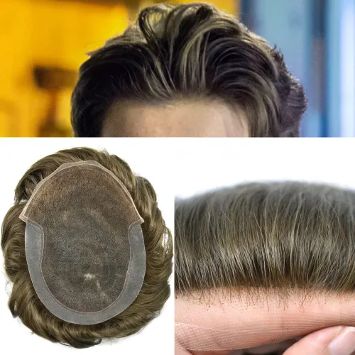 Vista 30 de Tupé para hombre Remy pieza de cabello humano para hombres encaje tupé para hombres nudo blanqueado sistema de reemplazo de cabello para hombre #1