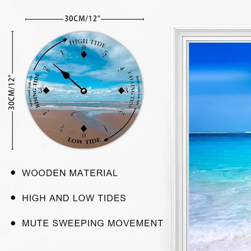 Vista 2 de Reloj de marea de madera, arena y nube, costa este, océano, reloj de marea de madera, marea alta y baja, para colgar en la pared, reloj