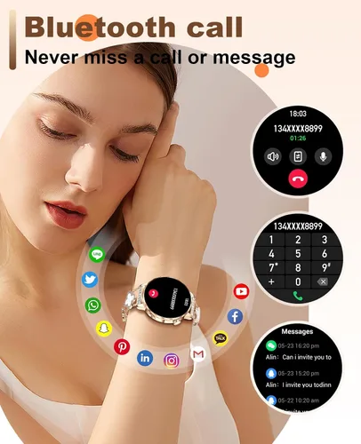 Vista 3 de Reloj inteligente para mujer con pantalla táctil HD de 1.27 pulgadas, reloj de fitness, notificaciones de llamadas y mensajes Bluetooth, monitor