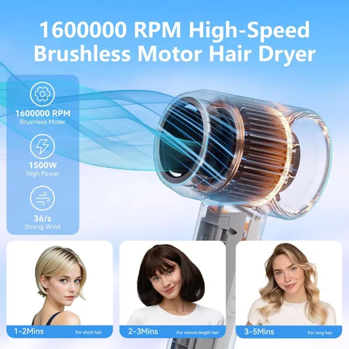 Vista 2 de Secador de pelo, secador de pelo iónico de 160000 RPM, secador de pelo ligero portátil con 500 millones de iones negativos, secador de pelo de alta