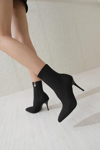 Vista 3 de vivianly Botines elásticos con punta puntiaguda, botas de tobillo a media pantorrilla, botas de tacón de aguja para mujer negro (Black-Stretch)