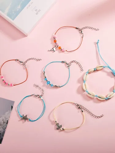 Vista 6 de 17 piezas Tobilleras ajustables Boho tortuga estrella de mar concha flamenco playa tobillo pulseras joyería pie pie para mujer
