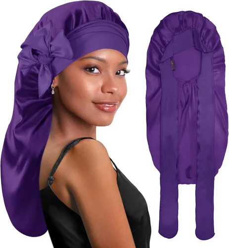Vista 11 de BONNET QUEEN Braid Bonnet Silk Bonnet Foldable Extra Long Wrap for Braids Satin Bonnets with Tie Band Long Sleep Cap