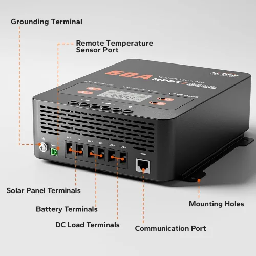 Vista 12 de LiTime 60A MPPT Controlador de Carga Solar (Sin Bluetooth Integrado), 12V/24V/36V/48V Auto, Entrada Máxima de PV 200VDC Pantalla LCD Regulador