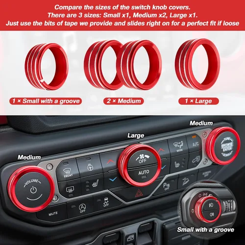 Vista 7 de para Jeep Wrangler JL JLU 2018-2026 y accesorios Gladiator JT 2020-2026, juego de 10 pomos de aluminio y cubierta de botón para interruptor de Rojo
