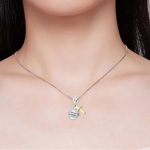 Vista 5 de QeenseKc Colgante de cruz religiosa con versículo bíblico con cita de escritura de oro para pulsera Pandora