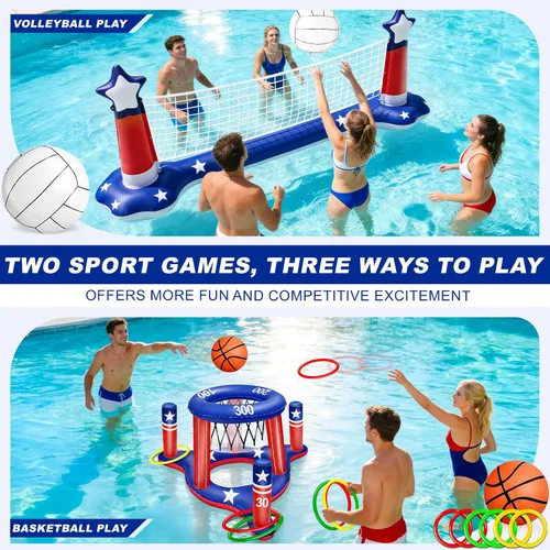 Vista 2 de Grandes juegos inflables de piscina, red de voleibol y aro de baloncesto con 2 pelotas de playa, bandera estadounidense, juguetes de agua