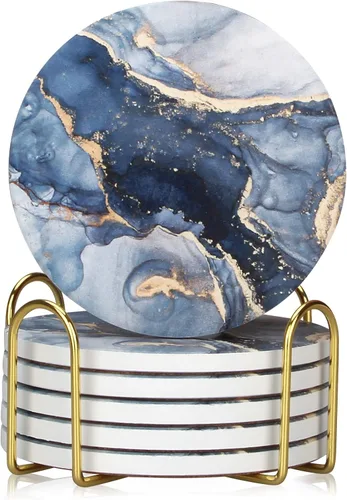 Vista 8 de Juego de 6 posavasos de cerámica abstractos de mármol negro con soporte para escritorio, salón, mesa de café, vino, bebidas, bar