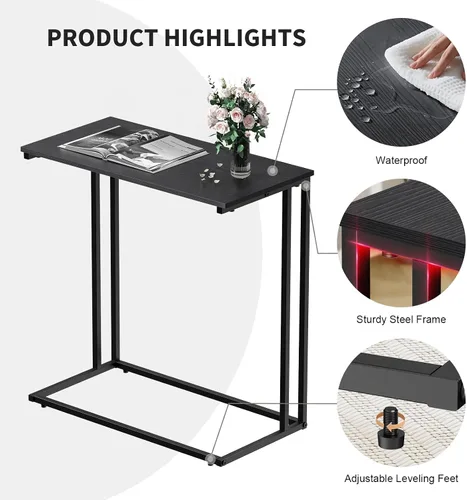 Vista 7 de Mesa auxiliar en forma de C, moderna mesa auxiliar con marco de metal, diseño que ahorra espacio para sala de estar, mesa de sofá de superficie Negro