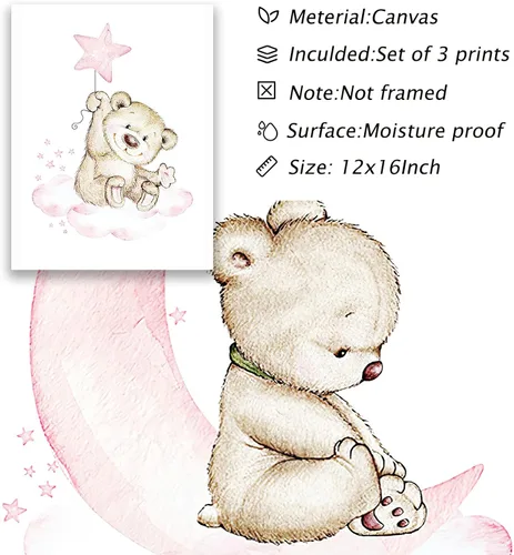 Vista 3 de Lienzo decorativo para pared de animales de dibujos animados, pintura de oso bebé, luna rosa, estrellas, nubes, impresiones de animales, habitación