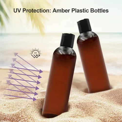 Vista 3 de Paquete de 2 botellas de plástico para champú de 8 onzas con tapas de disco, ámbar UV Protection, Leak Proof, Refillable, Travel Containers for