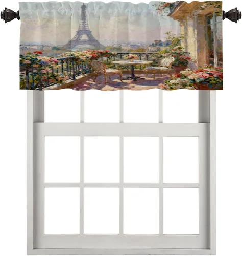 Vista 72 de Cortinas opacas de cocina con pintura al óleo de Europa rosa y negra para ventanas, cenefas opacas modernas de torre Eiffel de poliéster multicapa