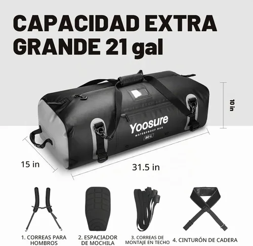 Vista 4 de Bolsa de lona impermeable de 80 Lt, mochila seca para motocicleta, bolsas impermeables con cremallera y almohadilla espaciadora para kayak, rafting