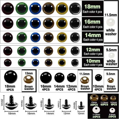 Vista 2 de TOAOB - Juego de 140 ojos de seguridad para crochet, colores surtidos, ojos de manualidades de 0.394 in a 0.709 in, juego de ojos de seguridad