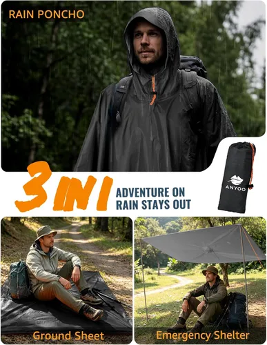 Vista 7 de ANYOO Poncho de lluvia con capucha para adultos impermeable ligero abrigo de lluvia para hombres mujeres chaqueta de lluvia reutilizable para negro