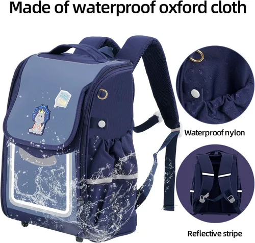 Vista 5 de KEBI Mochila escolar para niños con lindo dinosaurio azul marino bolsa escolar totalmente abierta para niño de 7 a 12 años, Desmontable Gris Marino