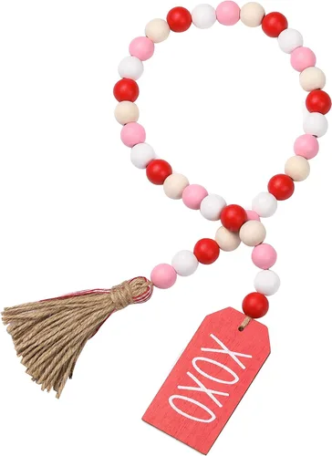 Vista 12 de Guirnalda de cuentas de madera de Pascua con borlas y etiqueta de conejo, cuentas de madera de estilo granja para decoraciones de bandeja