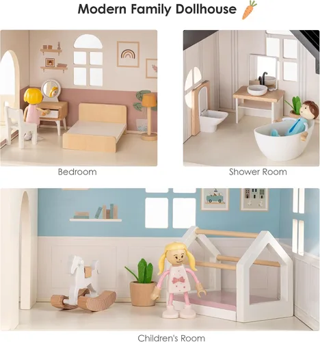 Vista 3 de Casa de muñecas de madera para niños, juego de casa de muñecas de juguete de estilo moderno de 6 habitaciones