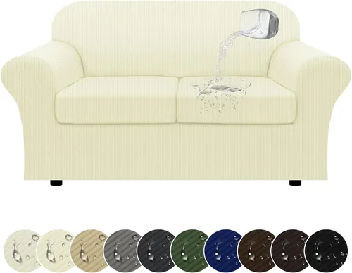 Vista 34 de Funda impermeable para silla con brazos, juego de 2 piezas, funda a rayas para 1 sofá separado con cojín en T, fundas de sillón de tela