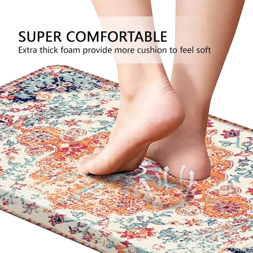 Vista 3 de MAYHMYO Tapete de cocina bohemio, antifatiga, étnico, acolchado, color naranja y azul, alfombras de cocina antideslizantes para cocina, suelo