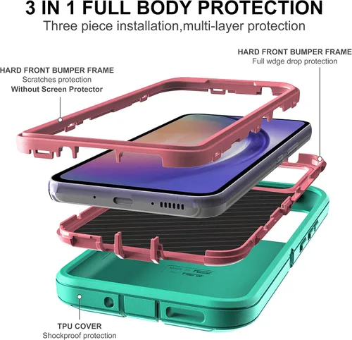 Vista 4 de Funda para Samsung Galaxy A54 5G, 3 en 1, protección resistente a prueba de golpes con 2 protectores de pantalla de vidrio templado, color azul Azul
