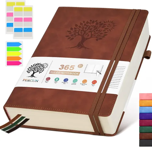 Vista 17 de PERCUN Cuaderno rayado A4, 365 páginas de gran tamaño, cuadernos de cuero para escribir para mujeres y hombres, cuaderno de tapa dura con páginas