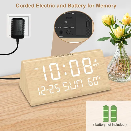 Vista 2 de DreamSky Reloj despertador digital para dormitorios, reloj de escritorio de madera con fecha, día de la semana, puerto USB, temperatura, atenuador