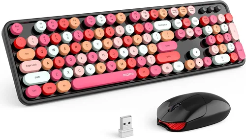 Vista 20 de MOFII Combo de teclado y mouse inalámbricos, teclado retro con teclas redondas de colores, conexión USB Plug Play de 2.4 GHz para PC, laptop