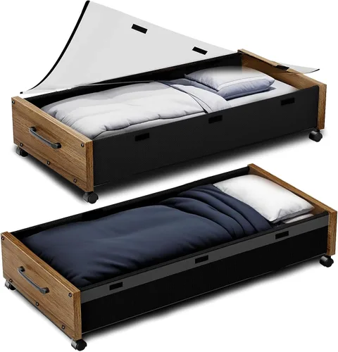Vista 9 de Almacenamiento debajo de la cama con ruedas, 2 paquetes de contenedores de almacenamiento de madera extra grandes debajo de la cama, organizador