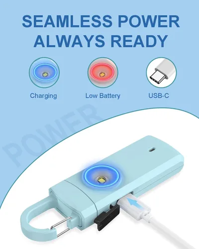 Vista 6 de Alarma de seguridad personal recargable para mujeres, sonido de sirena fuerte, luz LED estroboscópica SOS, carga USB, llavero de alarma personal Agua
