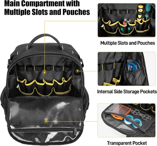 Vista 2 de Mochila de herramientas Rexmica para hombres con 3 bolsas de herramientas, bolsa organizadora de almacenamiento de herramientas resistente