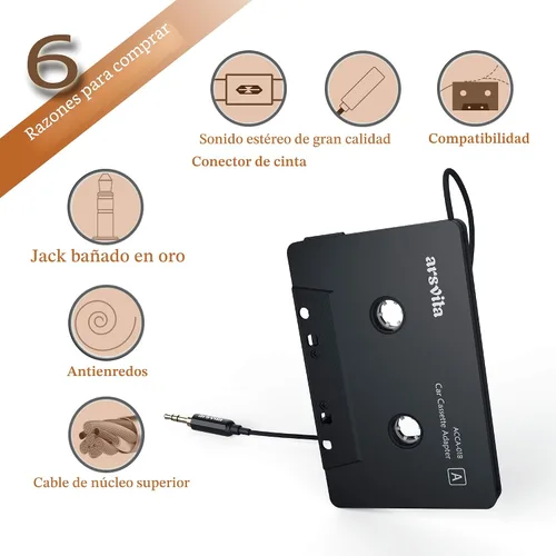 Vista 2 de Arsvita - Adaptador de audio de cassette a auxiliar para automóvil, con cable de audio auxiliar de 0.14 pulgadas