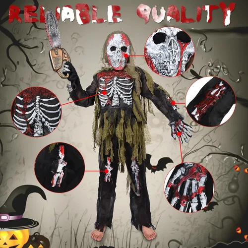 Vista 6 de Disfraz de zombi para niños, disfraz de zombi de esqueleto de Halloween para niños, disfraz de zombi muerto vivo con juguetes de motosierra