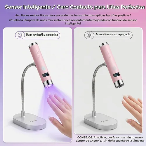 Vista 2 de Linssy Mini luz UV para uñas de gel,Sensor automático y soporte magnético Rosa