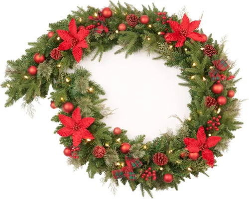 Vista 10 de Guirnalda de Navidad preencendida de 9 pies con bayas y bolas doradas, piña, flor dorada y 50 luces LED blancas suaves que funcionan