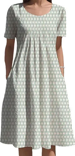 Vista 11 de Vestidos bohemios para mujer, estampado floral, manga corta, cuello redondo, talla grande, vestido de vacaciones con bolsillos para verano 2025