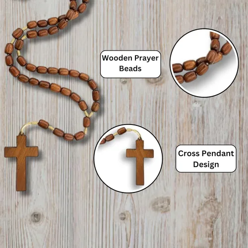 Vista 6 de Catholica Shop - Collar de Cuentas de Madera de Vestimenta Religiosa Católica con Colgante de Cruz de Madera, Collar de Rosario Católico I Collar