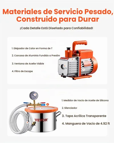 Vista 6 de VEVOR Cámara de vacío de 1.5 galones y kit de bomba de 3.5 CFM, cámara de acero inoxidable, kit de cámara de desgasificación de bomba de vacío
