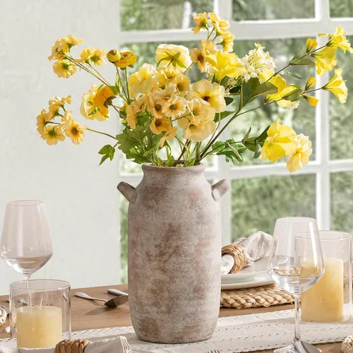 Vista 6 de Florero Grande para Decoración del Hogar - Jarrones de Mesa Rústicos de Cerámica Estilo Granja de 12 Pulgadas de Alto con Asa, Decoración de Sala