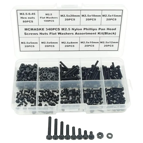 Vista 11 de Juego surtido de 540 tornillos métricos M2 M2.5 M3 M4 M5 de nylon Phillips de cabeza plana, tuercas hexagonales, arandelas planas (negro)
