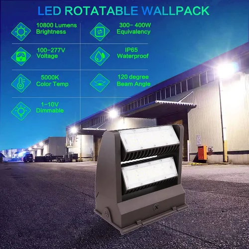 Vista 2 de Luz giratoria del paquete de la pared de la cabeza LED de 80W, 5000K 10800LM 5000K IP65 impermeable, 100-277V, UL listado, iluminación