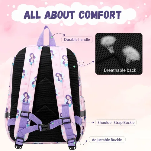 Vista 7 de MIRLEWAIY Mochila para niños pequeños con bolsa para monedas, Sirena rosa, Mochilas para mochila