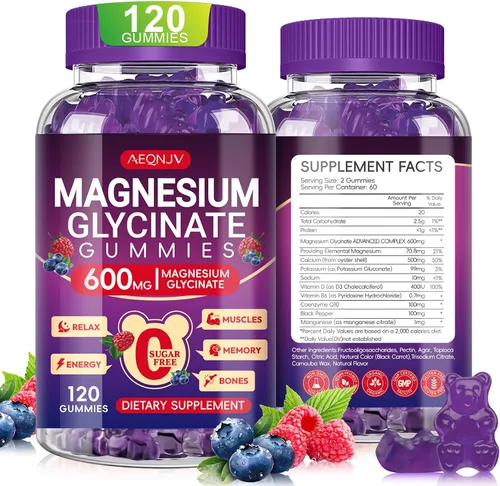 Vista 21 de Gomitas de glicinato de magnesio de 600 mg de alta absorción, glicinato de magnesio para mujeres y hombres con vitamina D, B6 y CoQ10 para adultos
