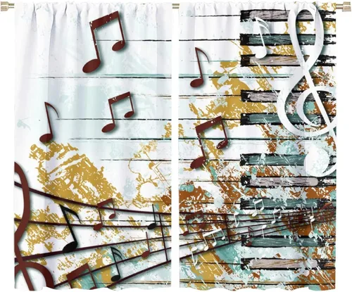 Vista 70 de Cortinas de notas musicales, blanco y negro, instrumento musical, canción, arte de canción, opacas, para ventana, dormitorio, sala de estar