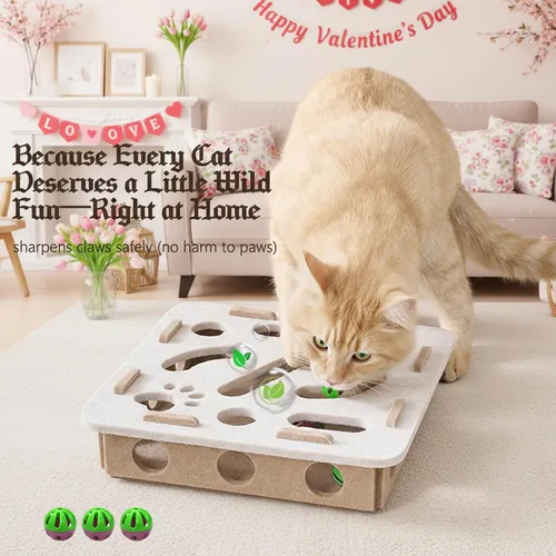 Vista 2 de Juguete interactivo de rompecabezas para gatos, caja de laberinto de fieltro con 3 bolas de cascabel para gatos de interior, estimulación mental