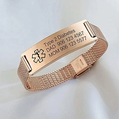 Vista 5 de VNOX Medical Alert Bracelets for Men & Women Kids with Free Engraving Adjustable Stainless Steel Mesh Emergency Medical ID Bracelets Wristband