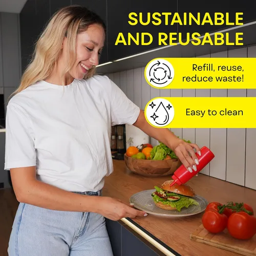 Vista 7 de BRIGHTFROM Botellas exprimibles para condimentos, botella vacía roja de 8 onzas con cuello ancho, ideal para salsa de tomate, mostaza, jarabe