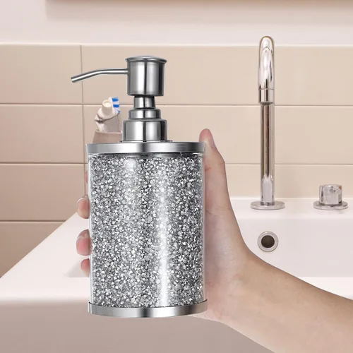 Vista 6 de JUXYES Botella dispensadora de jabón con diamantes triturados de cristal chispeante con bomba de acero inoxidable, lujoso dispensador de loción