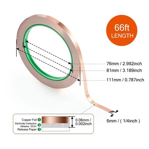 Vista 6 de CHANZON Cinta de lámina de cobre de 0.236 in 1/4 pulgadas x 66 pies, adhesivo conductor de doble cara para vidrieras, soldadura, electricidad