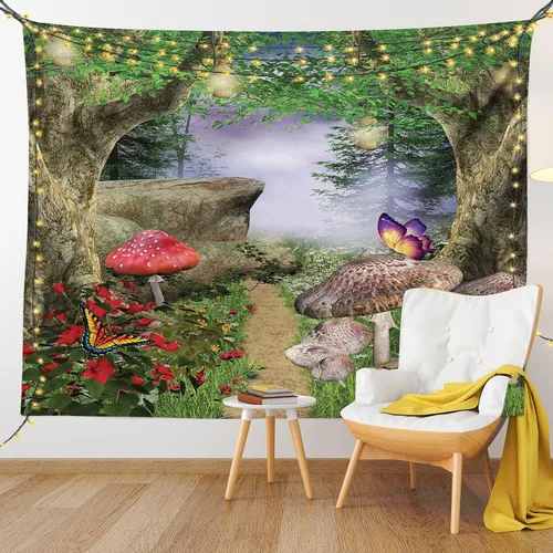 Vista 9 de Ambesonne Tapiz de hongos, camino de la naturaleza encantada, mariposas, paisaje, rocas, decoración para colgar en la pared para dormitorio, sala